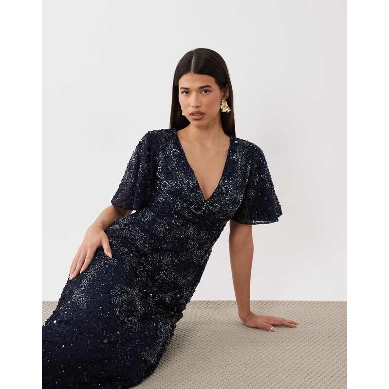 Beauut embellished v neck wrap flutter sleeve maxi dress in navy