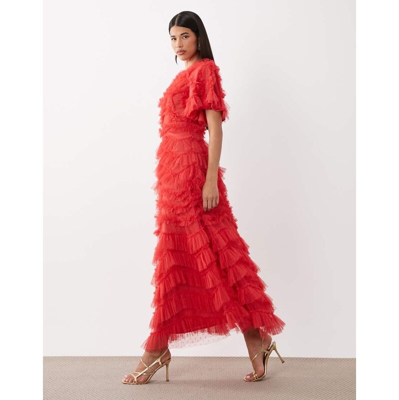 Beauut Maryisa short sleeve ruffle maxi dress in raspberry-Pink
