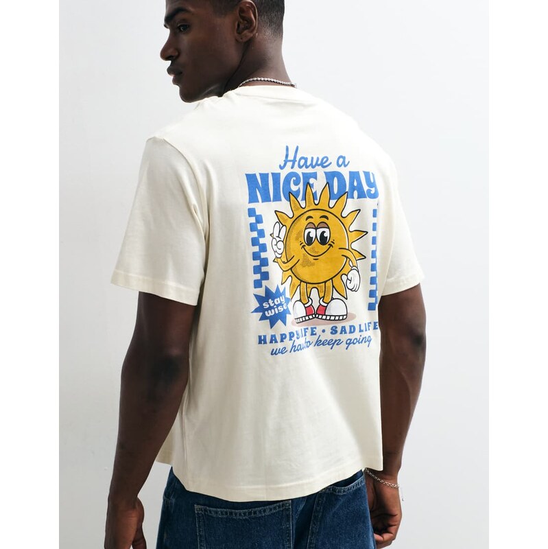 Jack & Jones sun cartoon backprint t-shirt in cream-White