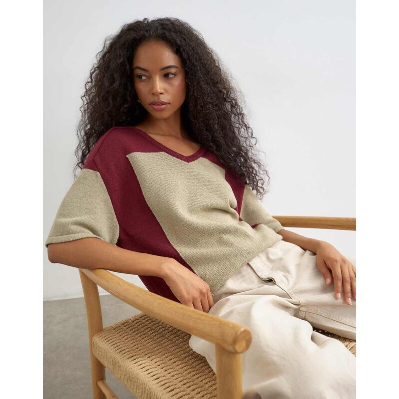 Topshop knitted drawstring colour block top in red berry and