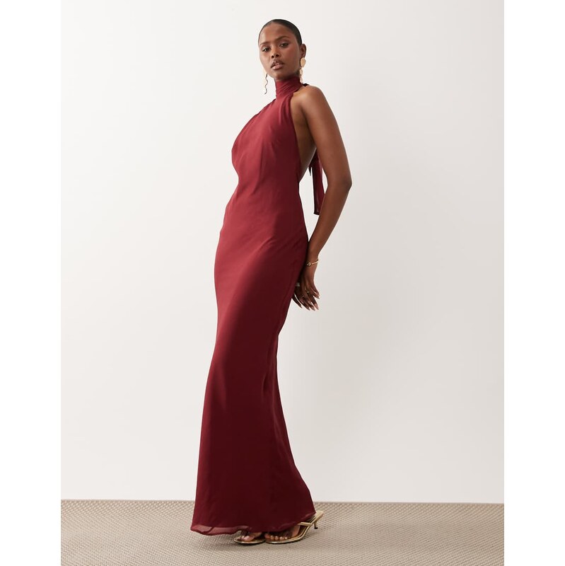 ASOS DESIGN tie halter neck maxi dress in berry-Red