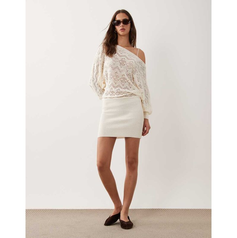 Miss Selfridge off shoulder crochet mix dress in cream-White
