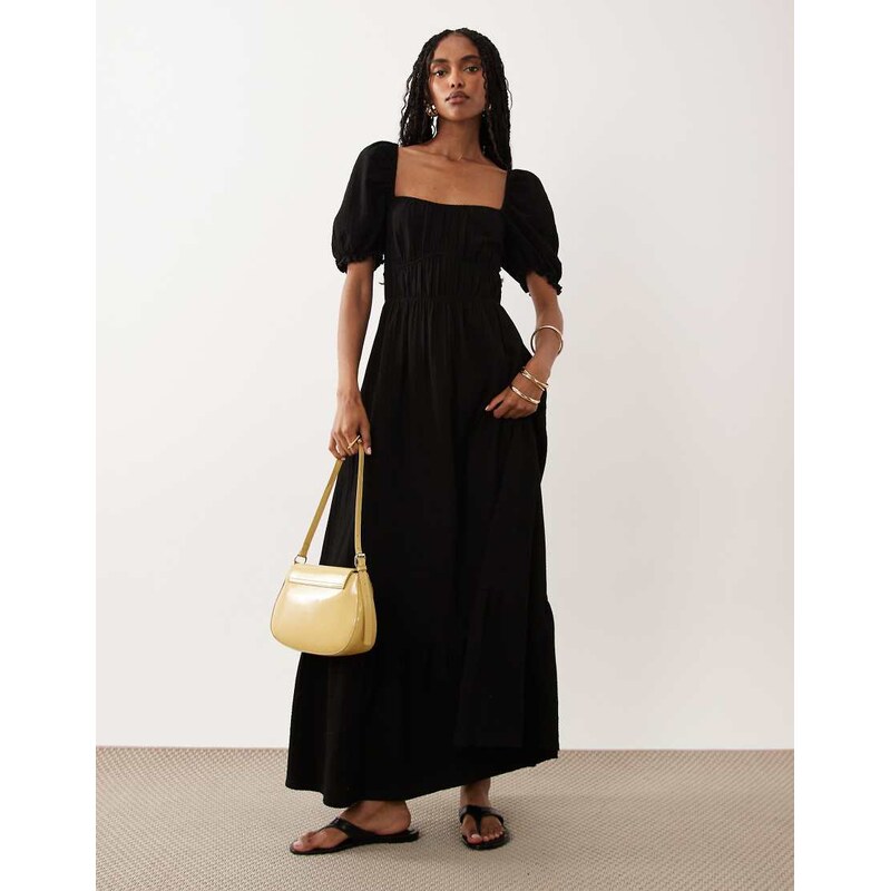 Miss Selfridge seersucker puff sleeve milkmaid maxi dress in