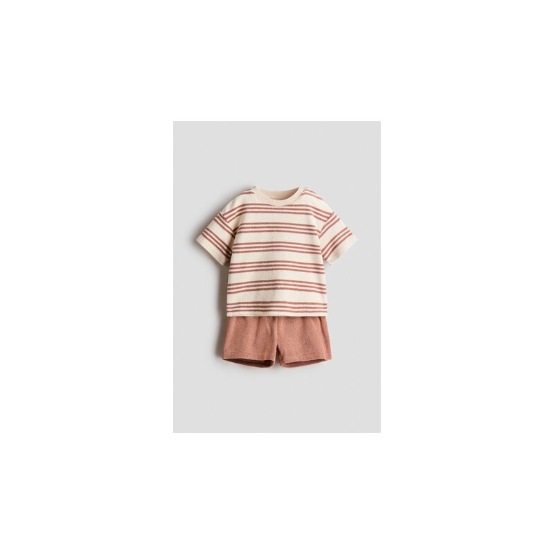 H&M - Dvoudílná souprava z froté - Tmavě Béžová/Proužky
