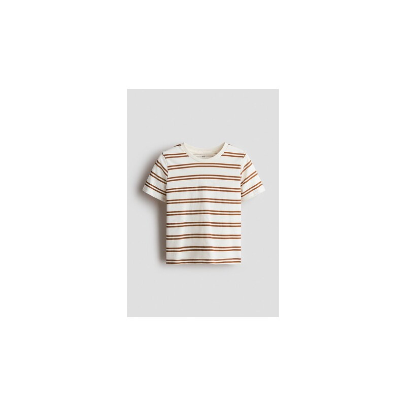 H&M - Bavlněné tričkos potiskem - Bílá/Hnědé Proužky
