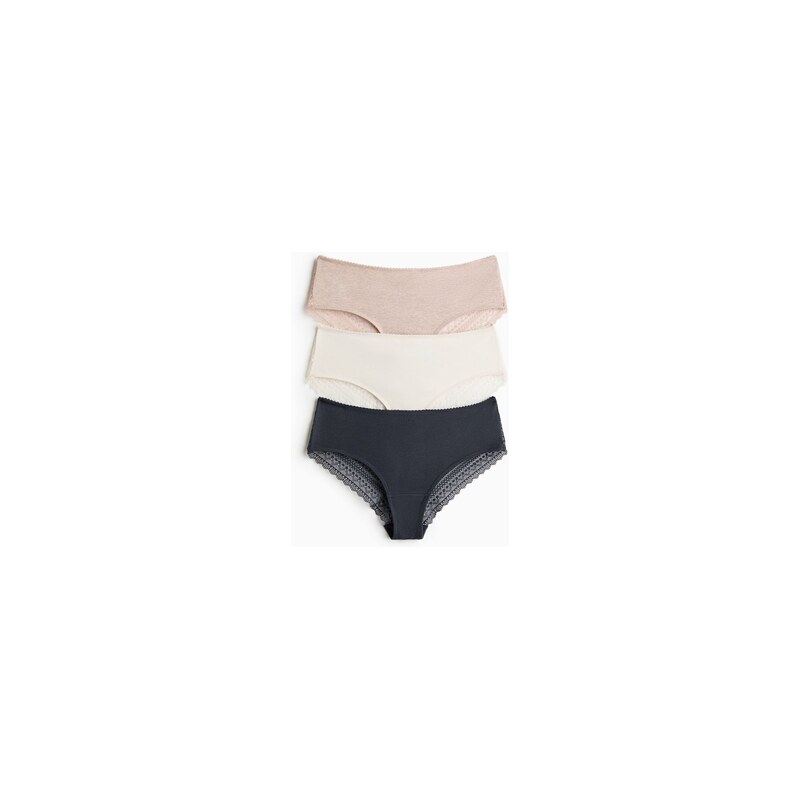 H&M - Kalhotky hipster z bavlny a krajky 3 kusy - Světle Béžový