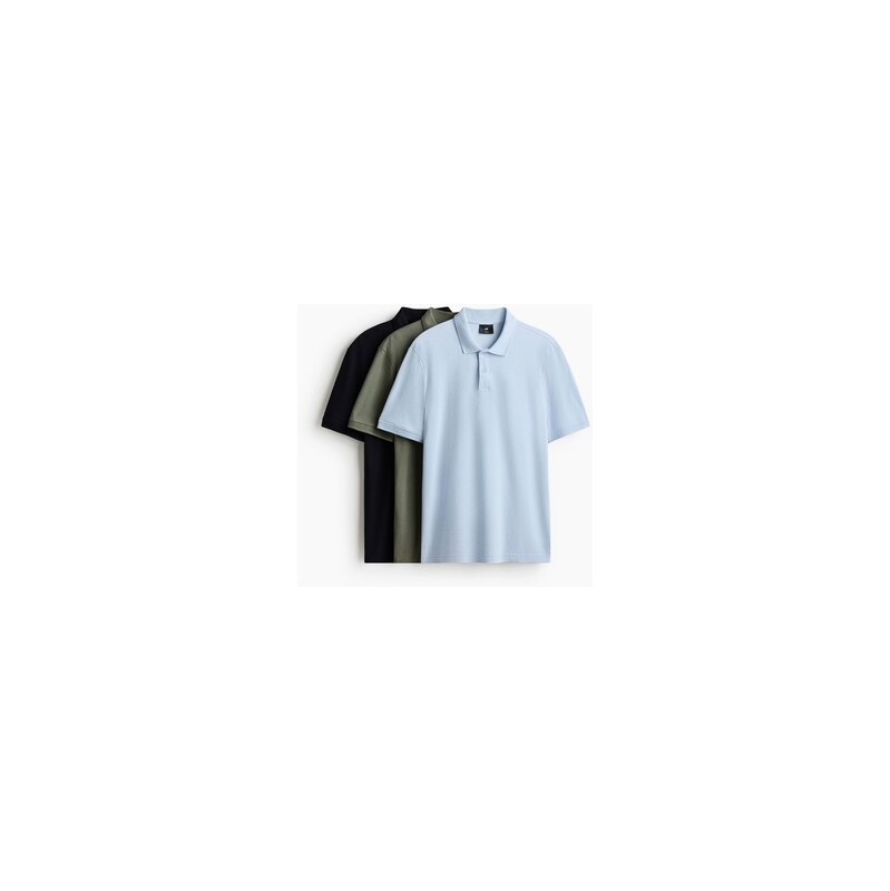 H&M - Tričkos límečkem Regular Fit 3 kusy - Bleděmodrá/Khaki