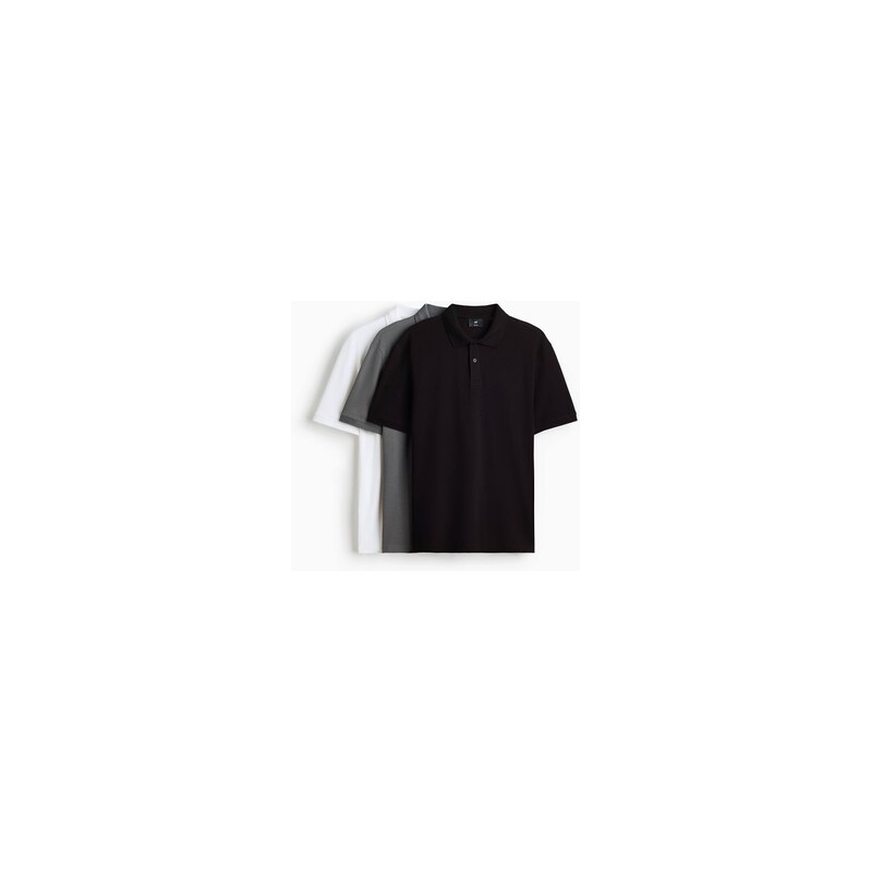 H&M - Tričkos límečkem Regular Fit 3 kusy - Bílá/Černá