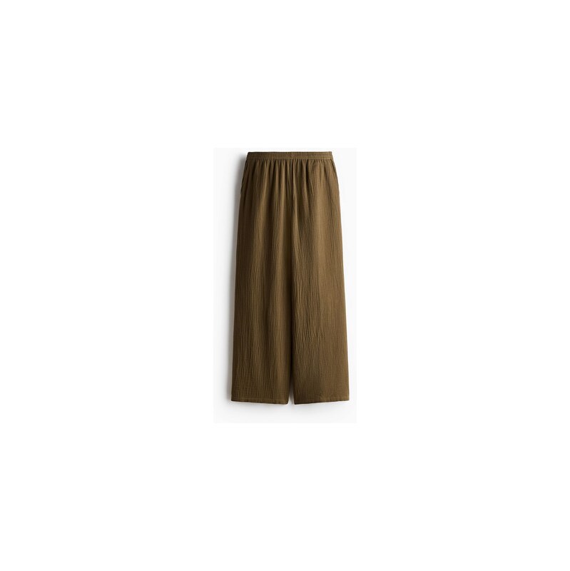 H&M - Rovné mušelínové kalhoty - Tmavě Zelená Khaki