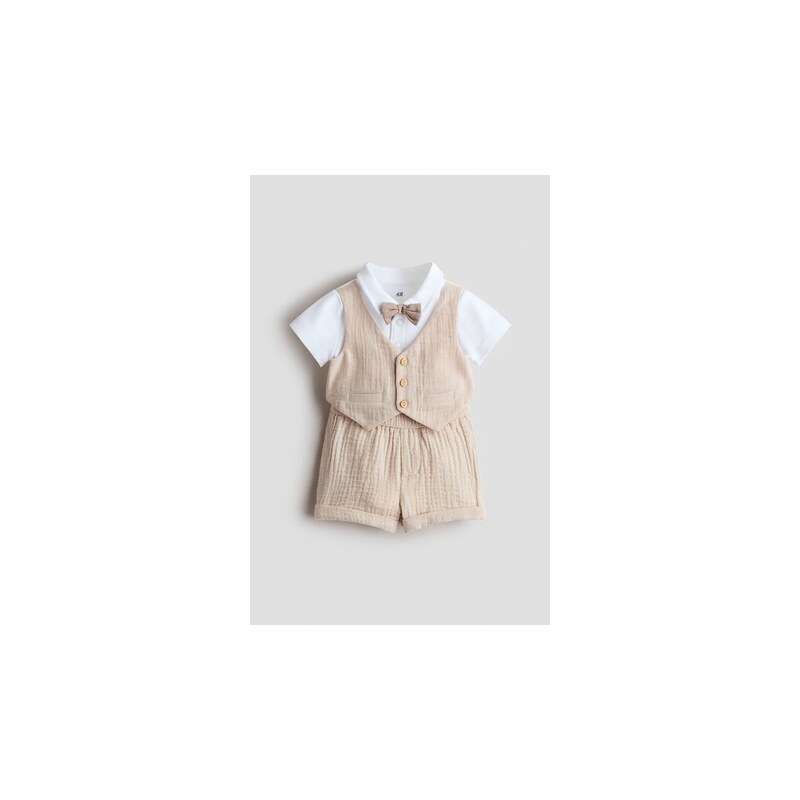 H&M - Dvoudílná elegantní bavlněná souprava - Světle Béžová/Bílá