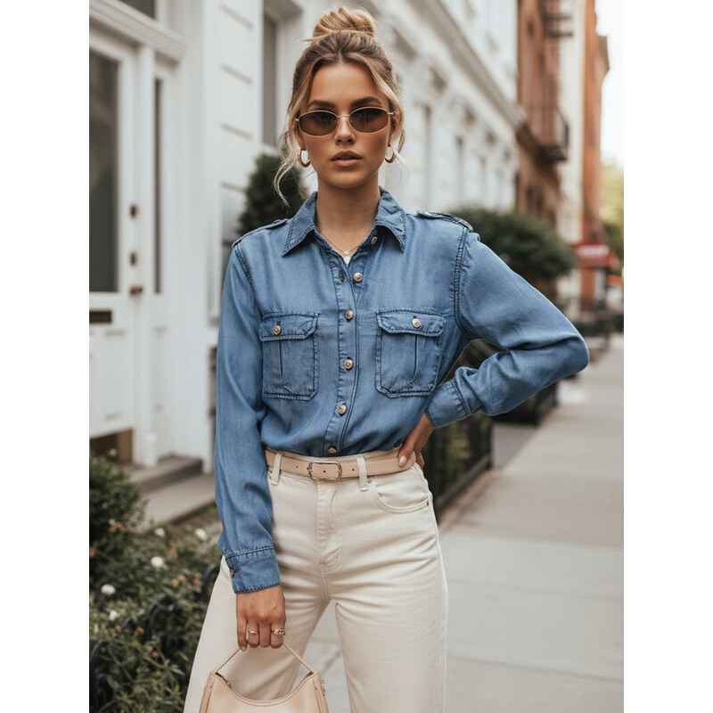 Dámská džínová košile z lyocellu, ležérní, modrá, FashionStreet