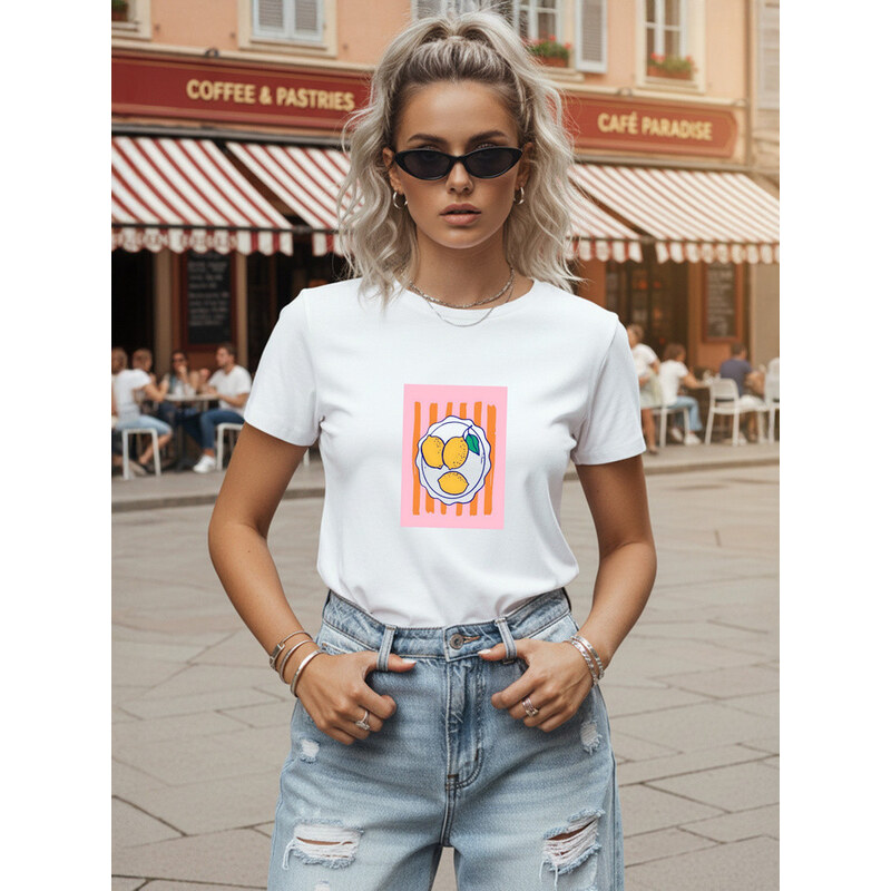 Dámské bavlněné tričko s potiskem citronů, bílé, FashionStreet
