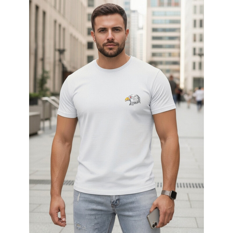 Pánské bavlněné tričko s potiskem orla, bílé, FashionStreet