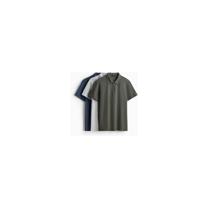 H&M - Tričkos límečkem Slim Fit 3 kusy - Khaki Zelená/Šedá/Modrá