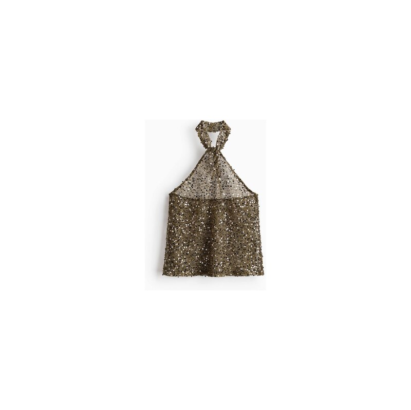 H&M - Síťovaný top halternecks flitry - Tmavě Zelená Khaki
