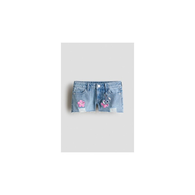 H&M - Džínové šortkys aplikacemi - Denim Blue/Lilo & Stitch