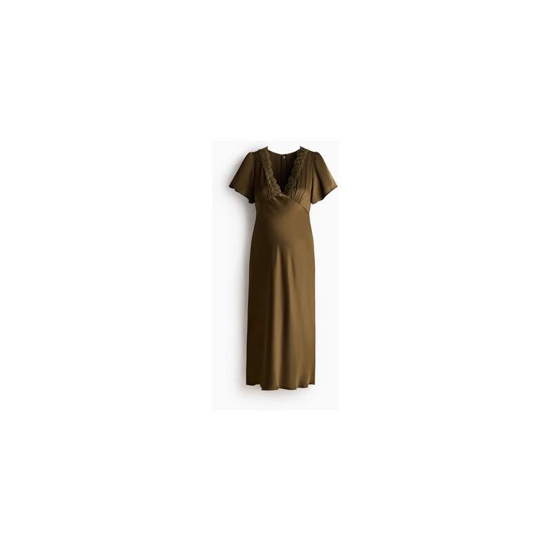 H&M - MAMA Saténové šatys krajkovým lemem - Tmavě Zelená Khaki