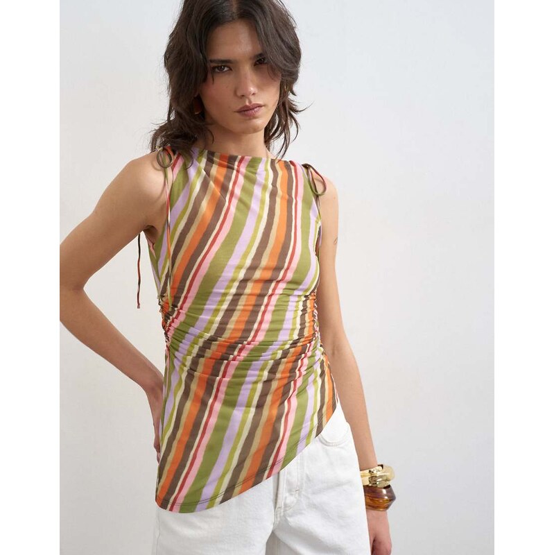 Topshop mesh stripe ruched shoulder asymmetric top in orange