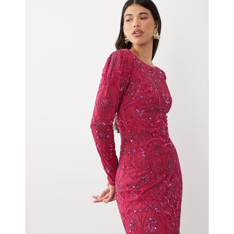 Beauut fully embellished beaded mesh overlay slash neck maxi