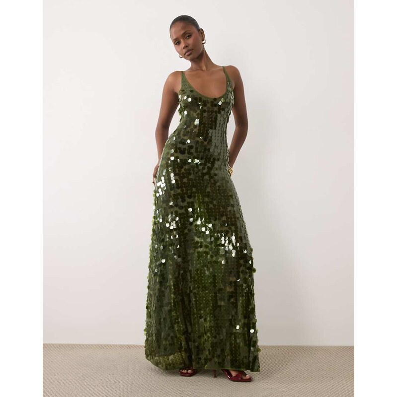 ASOS DESIGN disc scatter sequin scoop neck maxi dress in dark