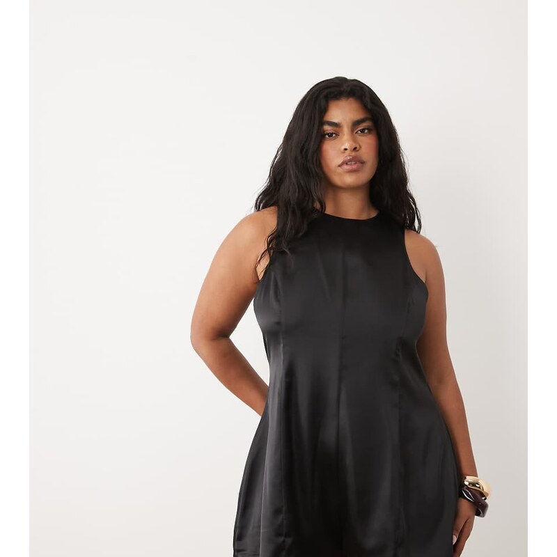 ASOS Curve ASOS DESIGN Curve racer satin playsuit in black