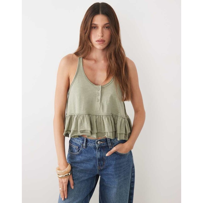 Miss Selfridge peplum hem button through top in khaki-Green