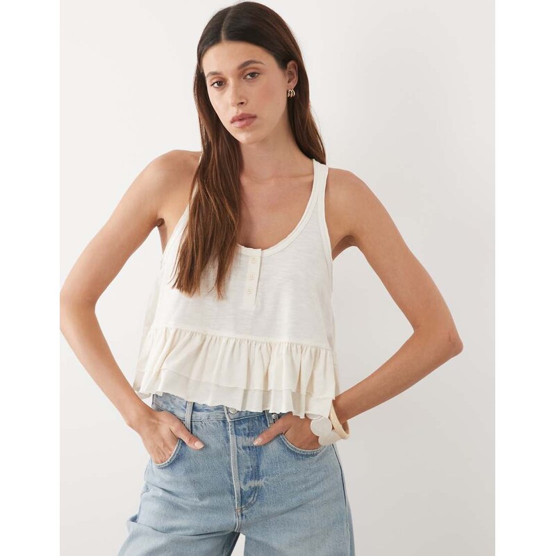 Miss Selfridge peplum hem button through top in cream-White