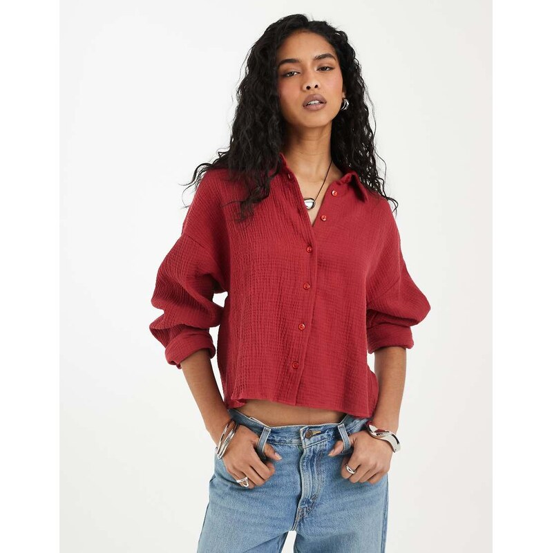 ASOS DESIGN cropped textured cotton shirt in burgundy