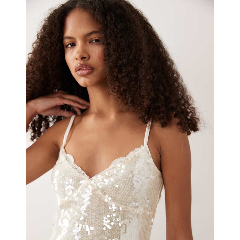 New Look lace trim sequin top co-ord in cream-Neutral