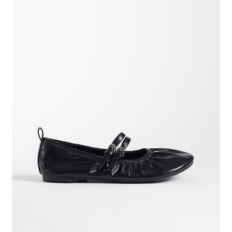 London Rebel Wide Fit Mia strappy ruched ballet flats in black