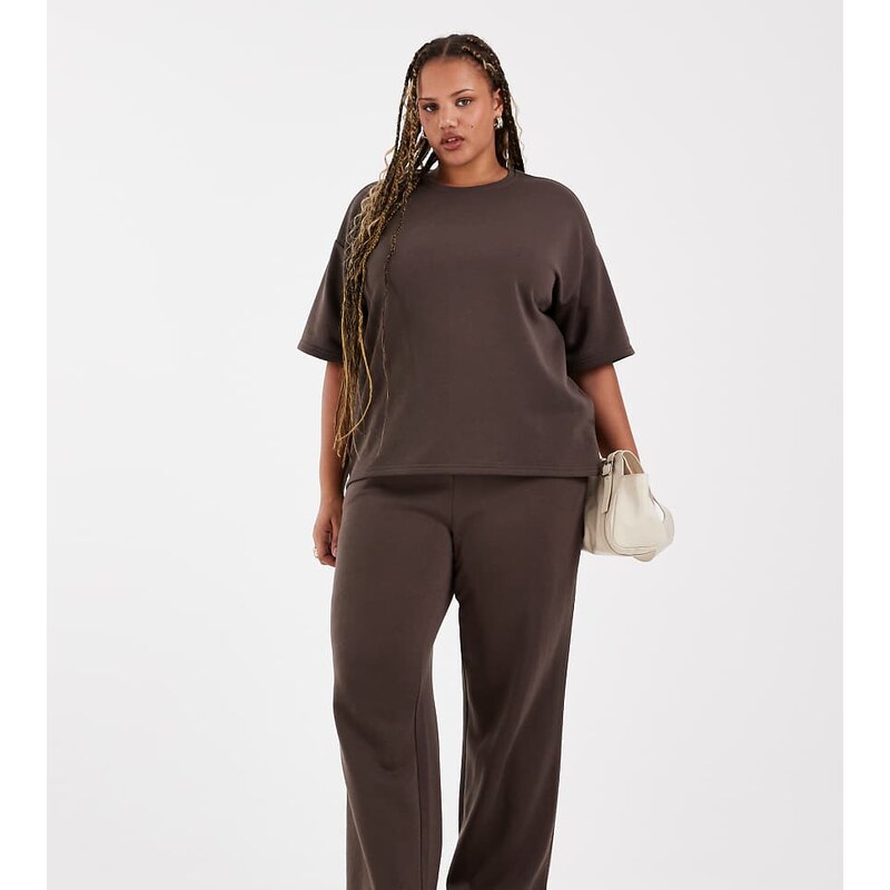 Vero Moda Curve tie waist wide leg joggers co-ord in chocolate