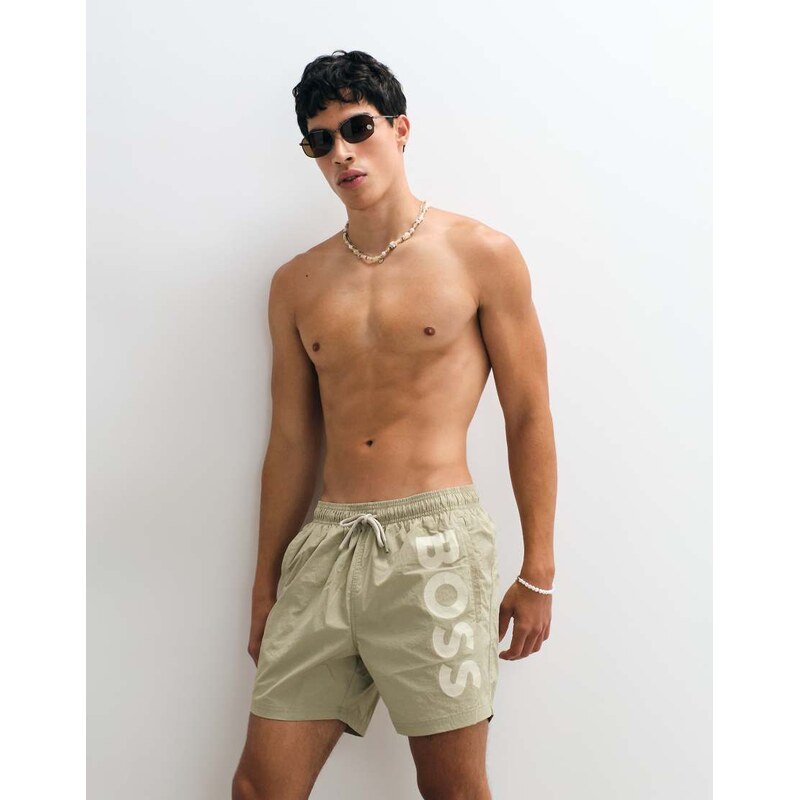 BOSS Bodywear Octopus swim shorts with logo print in beige