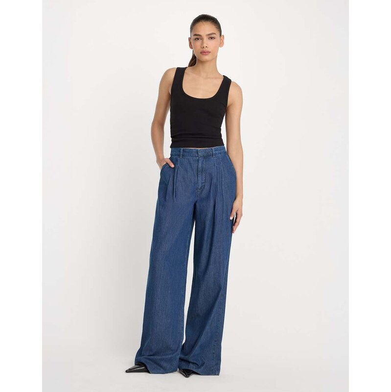 Good American cotton high waist pleat detail wide leg trouser co