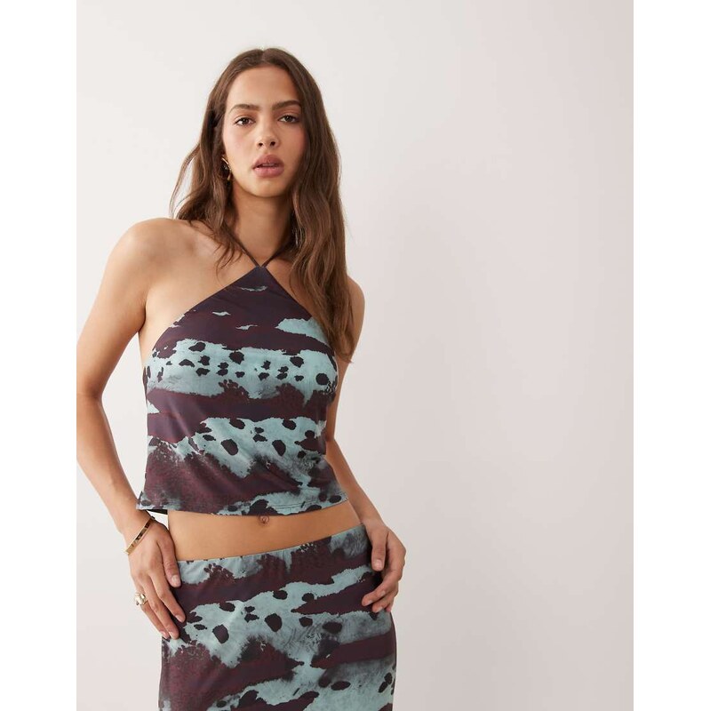 ASOS DESIGN co-ord slinky halter neck top in abstract print