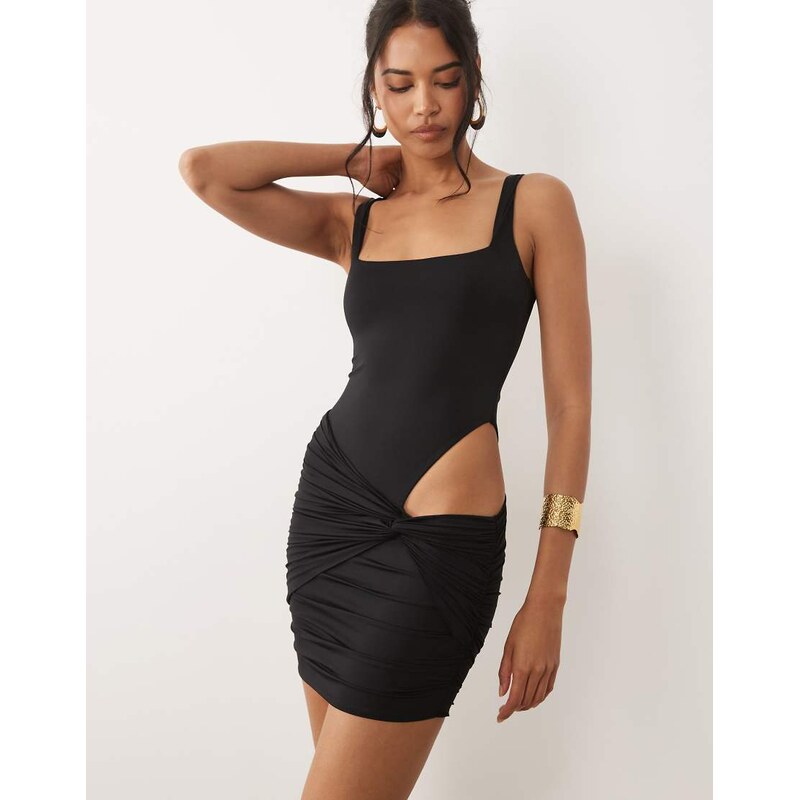 Oh Polly square neck cut out detail wrap skirt mini dress in