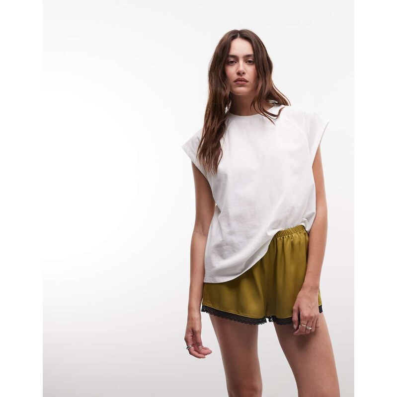 Reclaimed Vintage satin boxer short with lace in khaki-Green