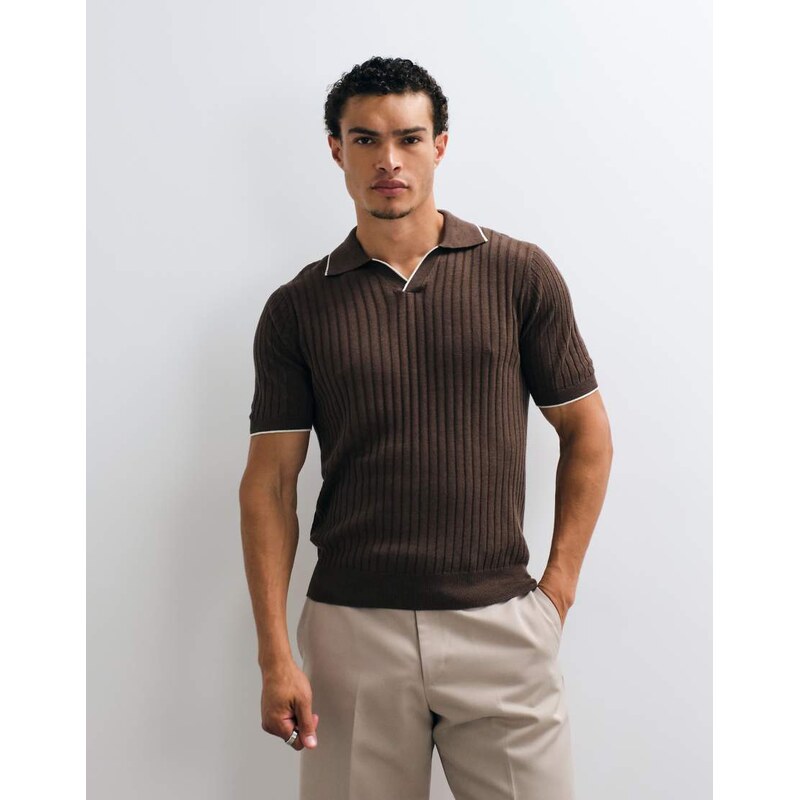 Mango short sleeve polo top in brown