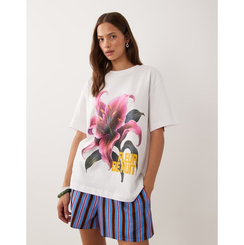ASOS DESIGN oversized floral graphic top in white-Multi