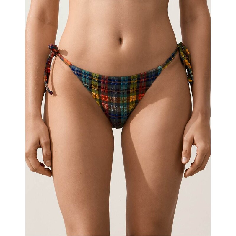 OYSHO Textured check medium-coverage bikini briefs in blue green