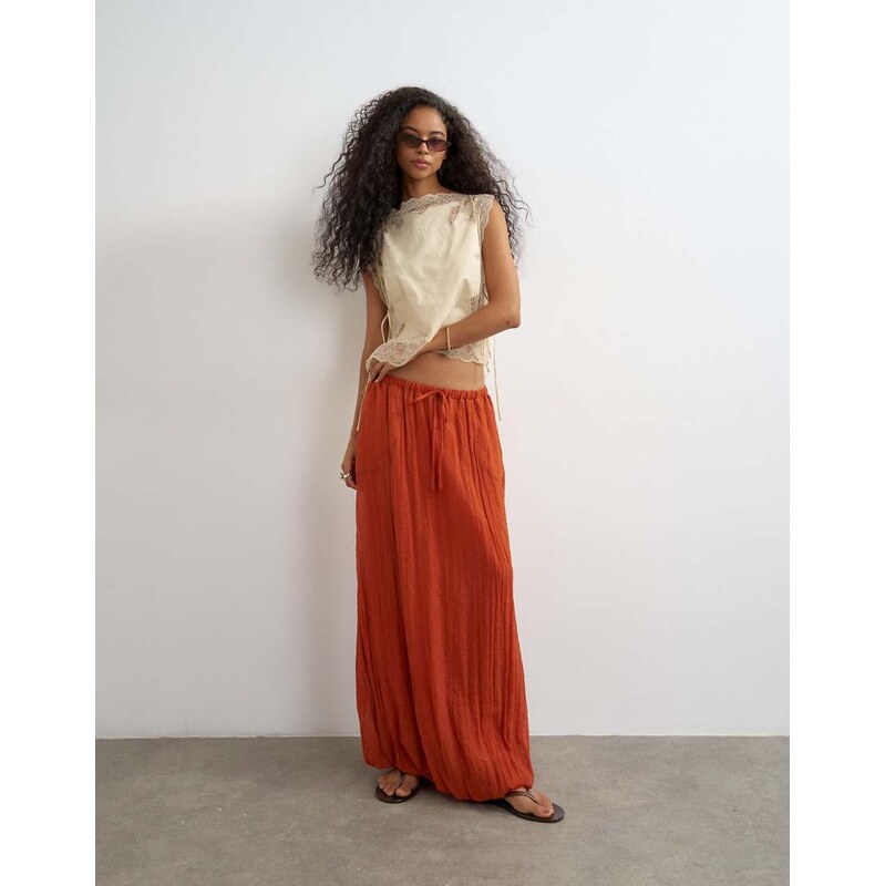 Topshop tie detail crinkle bubble hem maxi skirt in rust-Red