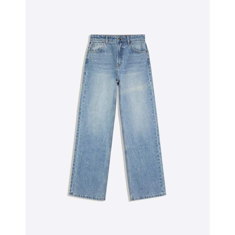Bershka Shimmery straight wide-leg jeans in mid blue