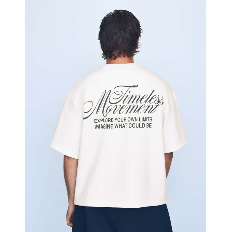 Bershka Short sleeve sweatshirt print t-shirt in ecru-White
