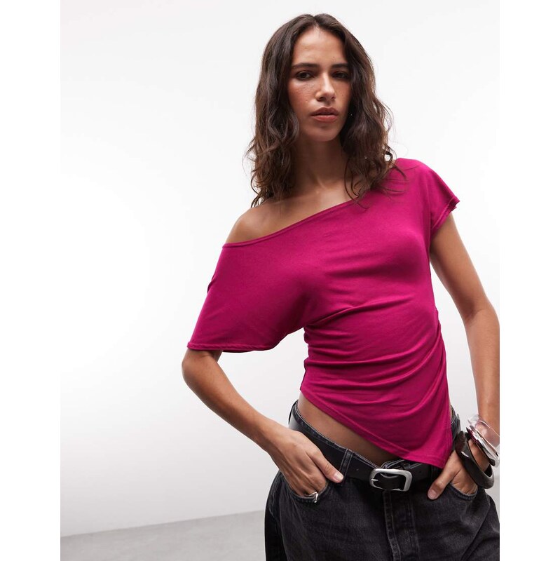 COLLUSION asymmetric drapey off-shoulder top in plum-Purple