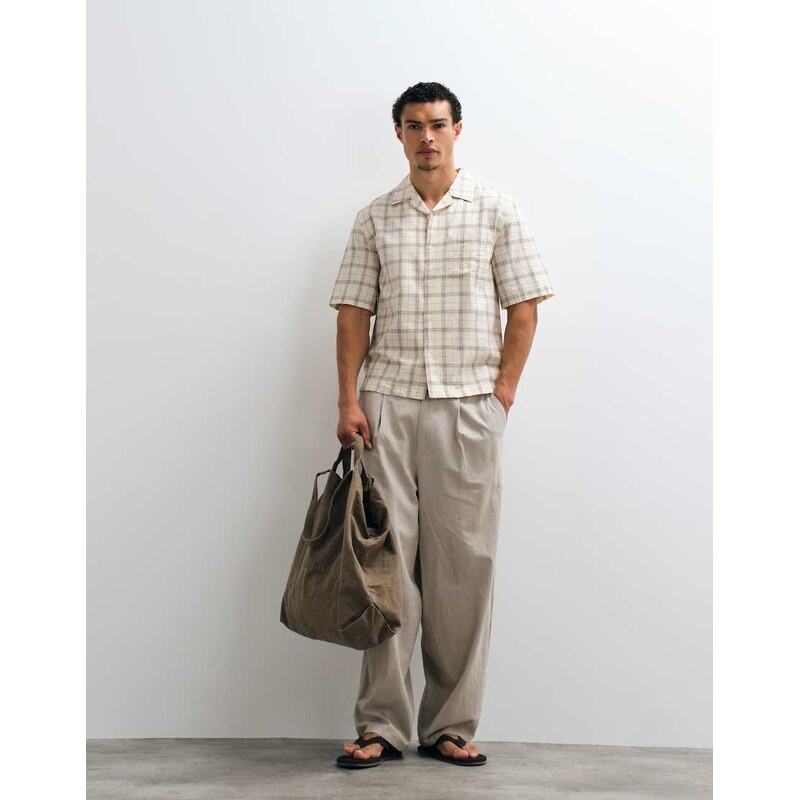 Mango checked short sleeve shirt in ecru-Neutral