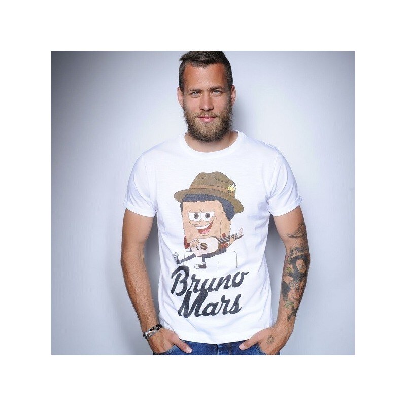 Tee-Trend Pánské trendy tričko s potiskem - Bruno Mars - Spongebob, Barva bílá, Velikost S