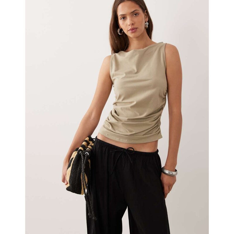 Mango cotton rich boat neck ruched sleeveless top in pastel