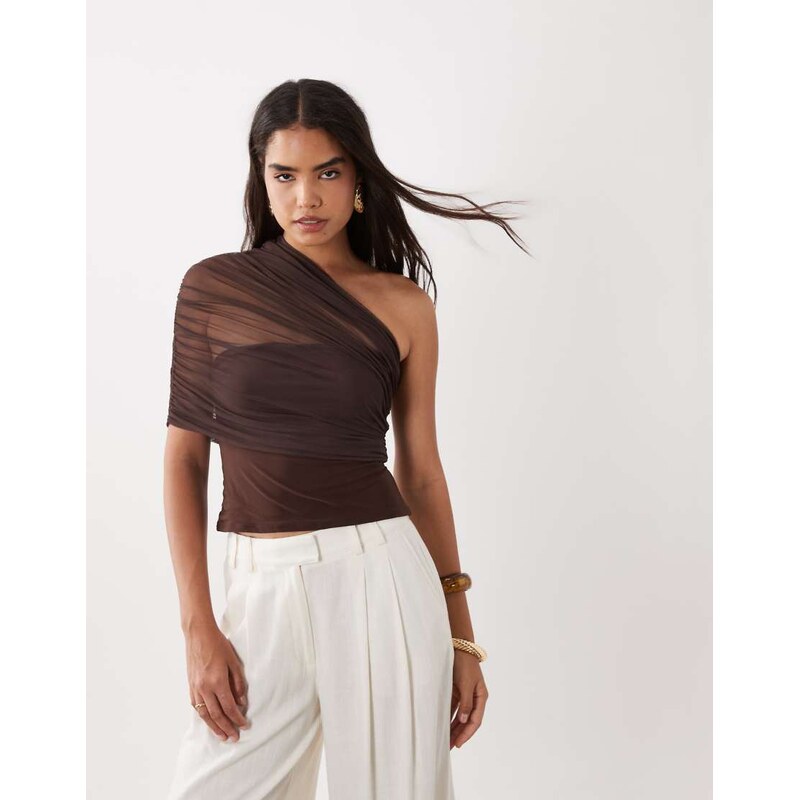 ASOS DESIGN mesh one shoulder top in brown