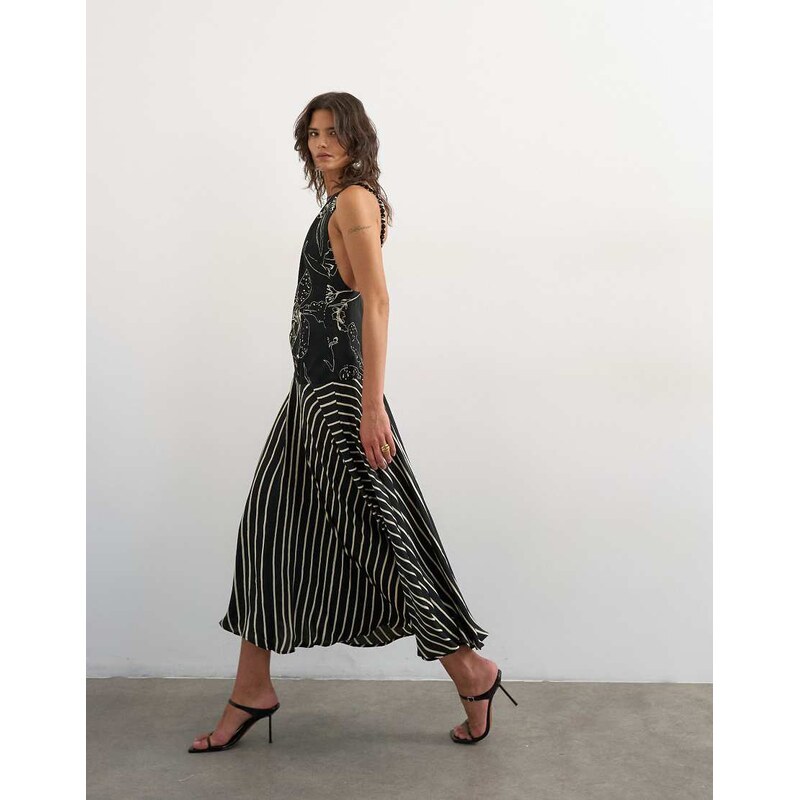 Topshop contrast print beaded strap maxi dress in black sketchy