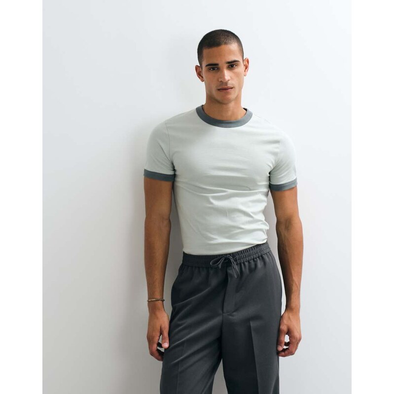 ASOS DESIGN slim ringer t-shirt in grey-Green