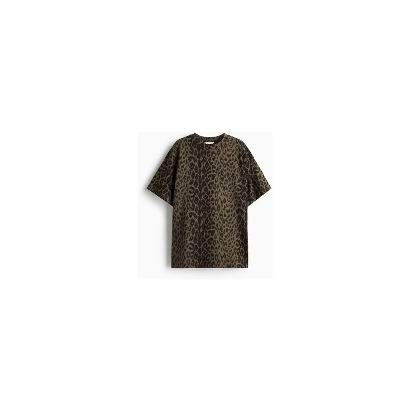H&M - Oversized tričko - Šedozelená/Leopardí Potisk
